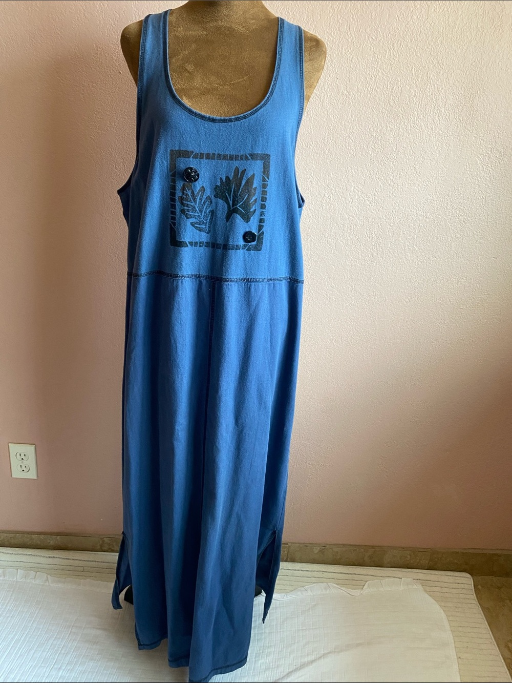 NINA PICCALINO  100% Cotton Blue Maxi Tank Dress with Decorative Chest Print